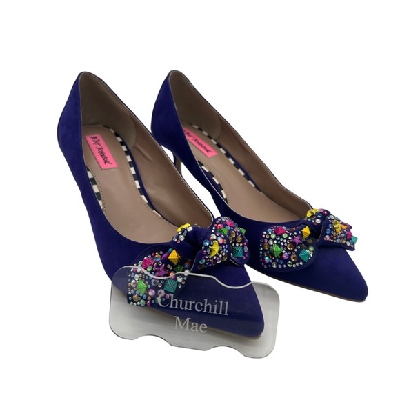 Betsey Johnson Purple Suede Heels Jeweled Bow Pumps Shoes Size